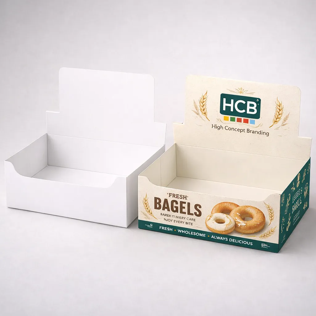 Two open cardboard mailer boxes, one natural kraft brown and one with a bright bagel pattern inside. class=